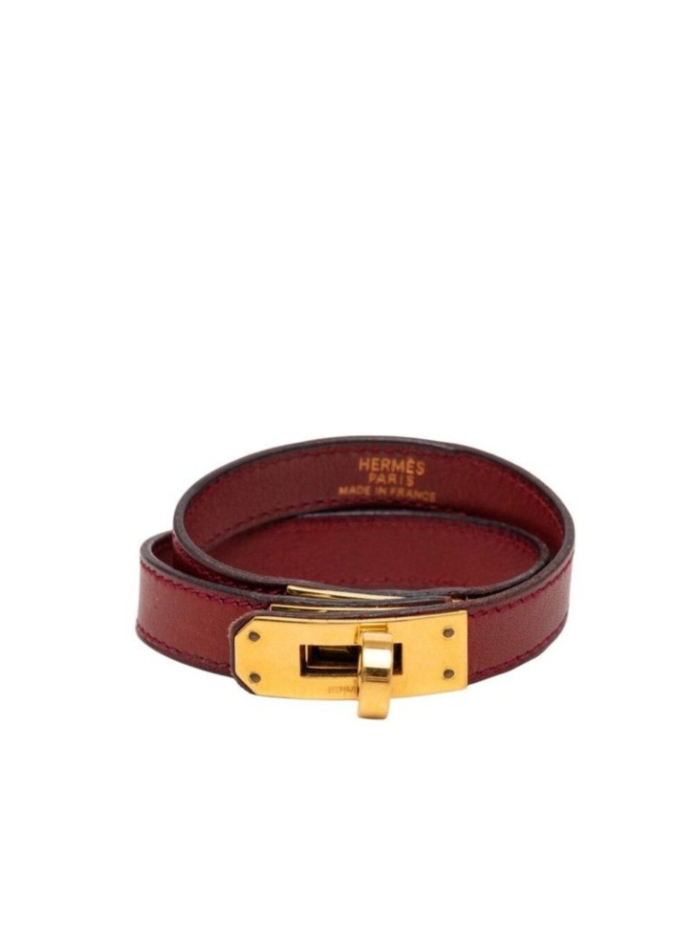 Hermes Kelly Double Tour Strand Bracelet Wine Red Gold Leather